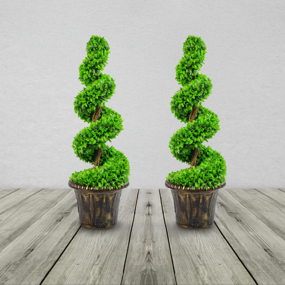 Pair of Spiral Leaf Topiary Trees with Decorative Planters